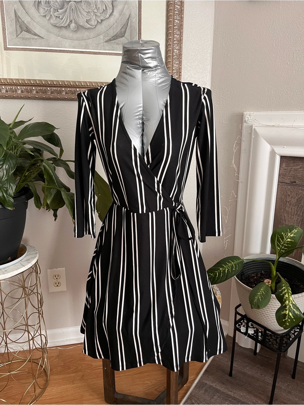 Rue21 Black and White Vertical Stripe Wrap Midi Dress